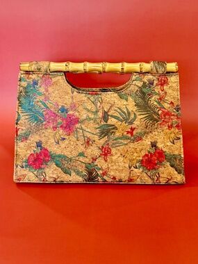 NWOT, Tropical Palm Floral Cork Clutch Handbag Bamboo Handles by Alessia Bianchi
